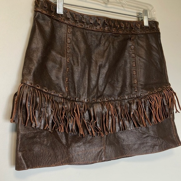 NWT Banana Republic Brown Leather Fringe Skirt - Picture 2 of 7